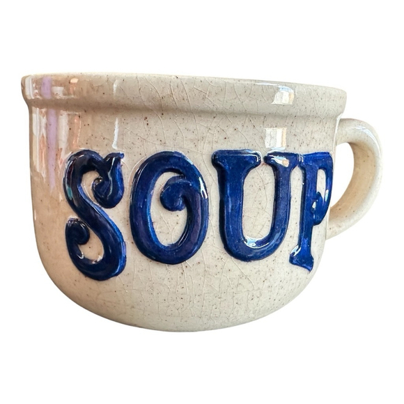 Vintage Ceramic Soup Mug Bowl Beige Blue with Handle - Picture 1 of 9